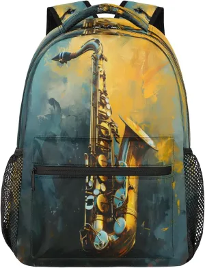 Saxophone Backpack with Chest Strap, Casual Backpack for Women Men, 16 Inch Daypack for Travel Work, Jazz Music