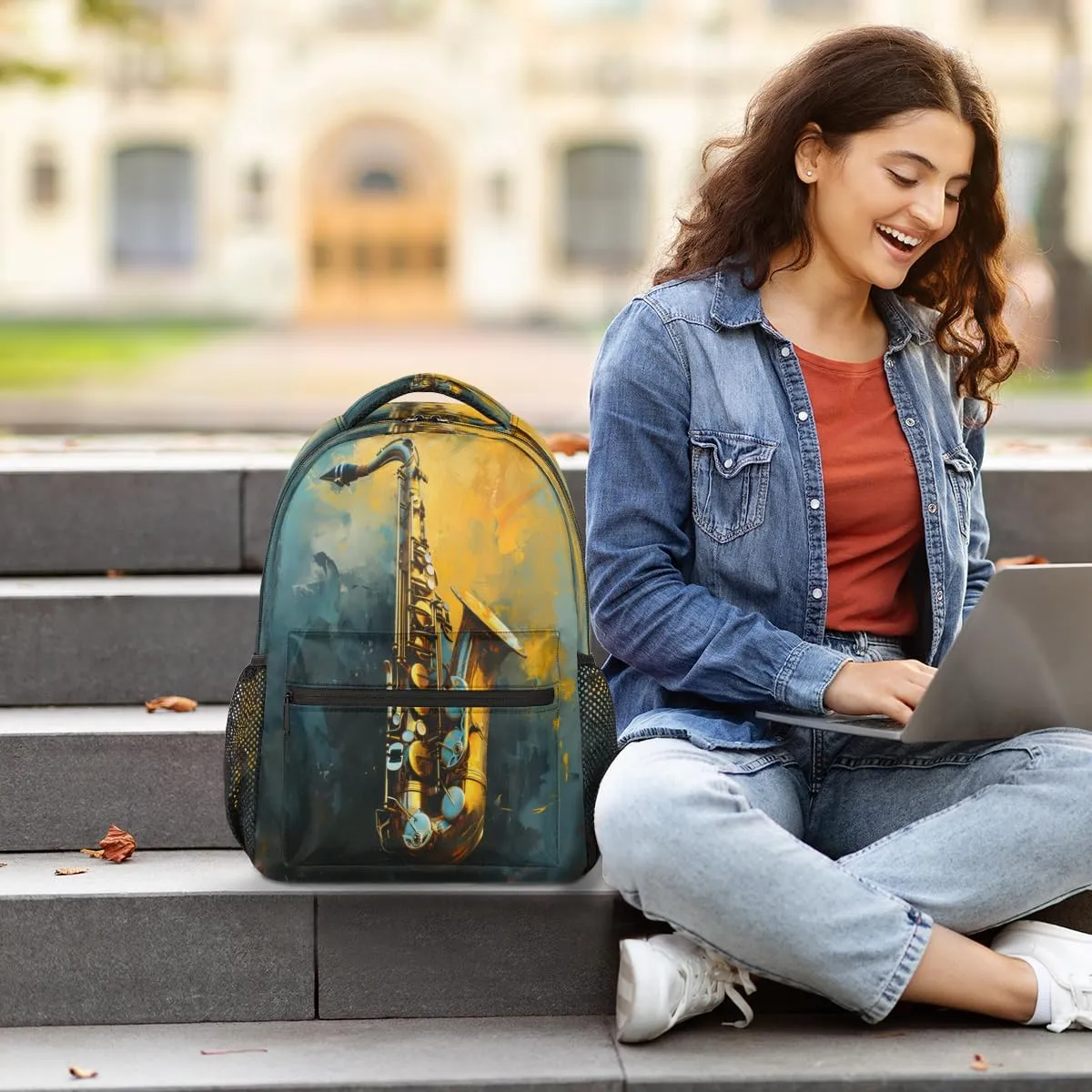 Saxophone Backpack with Chest Strap, Casual Backpack for Women Men, 16 Inch Daypack for Travel Work, Jazz Music