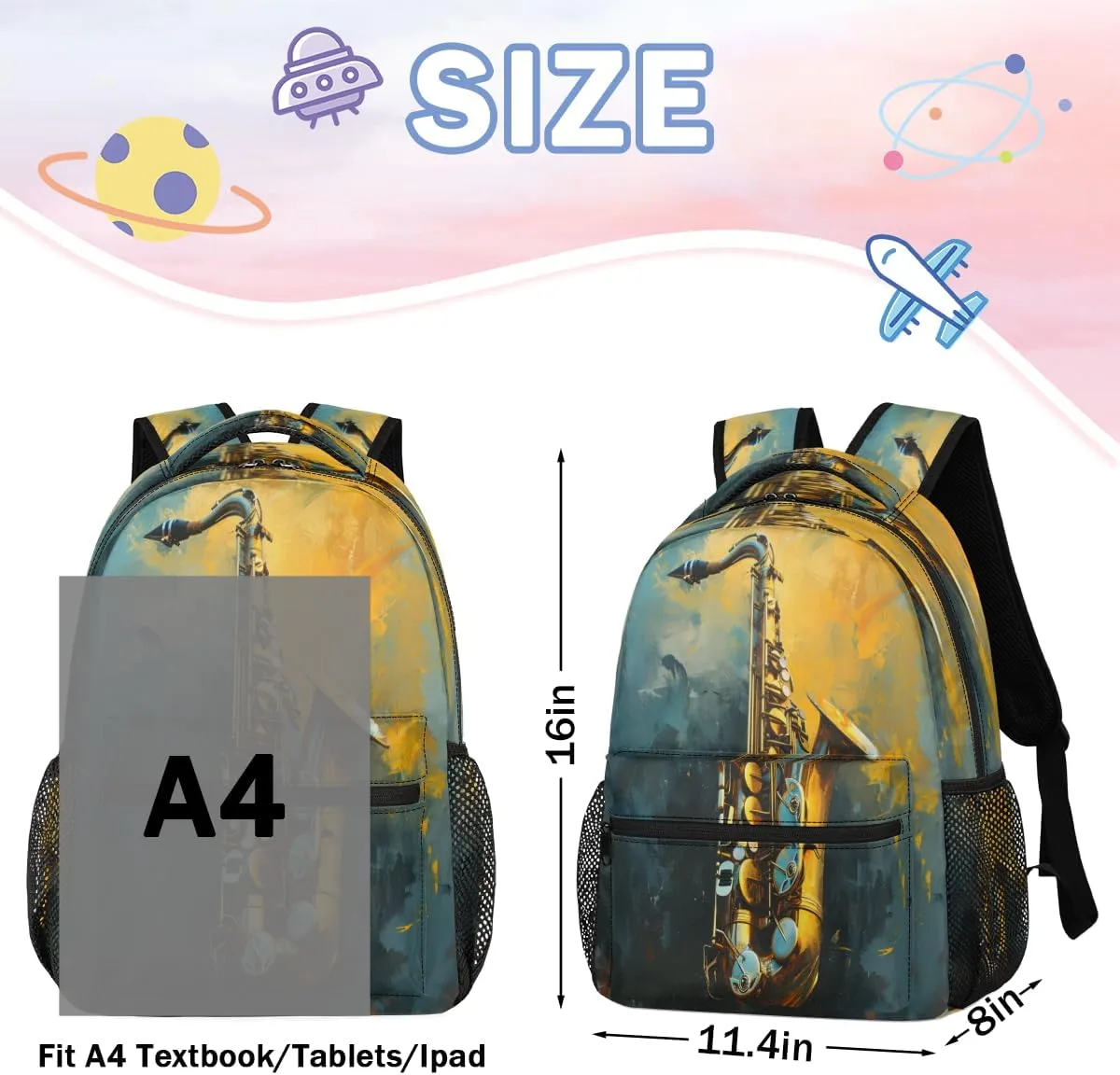 Saxophone Backpack with Chest Strap, Casual Backpack for Women Men, 16 Inch Daypack for Travel Work, Jazz Music