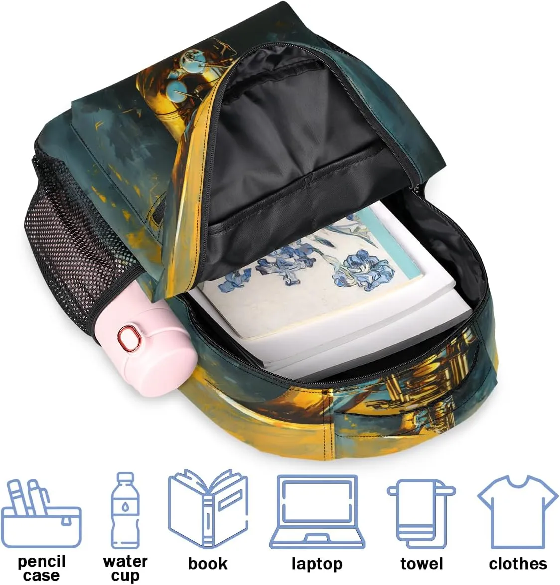 Saxophone Backpack with Chest Strap, Casual Backpack for Women Men, 16 Inch Daypack for Travel Work, Jazz Music