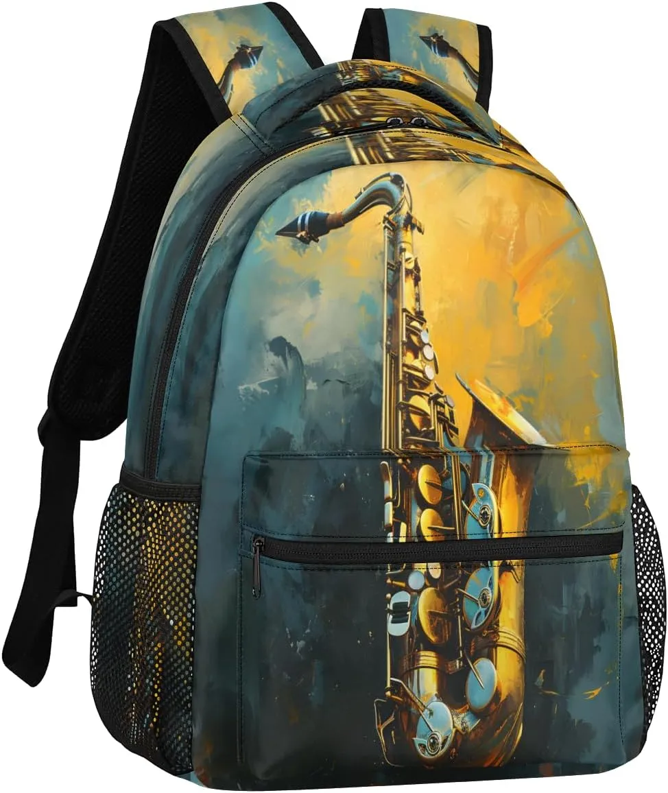 Saxophone Backpack with Chest Strap, Casual Backpack for Women Men, 16 Inch Daypack for Travel Work, Jazz Music