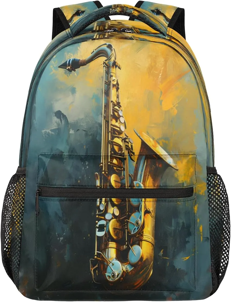 Saxophone Backpack with Chest Strap, Casual Backpack for Women Men, 16 Inch Daypack for Travel Work, Jazz Music