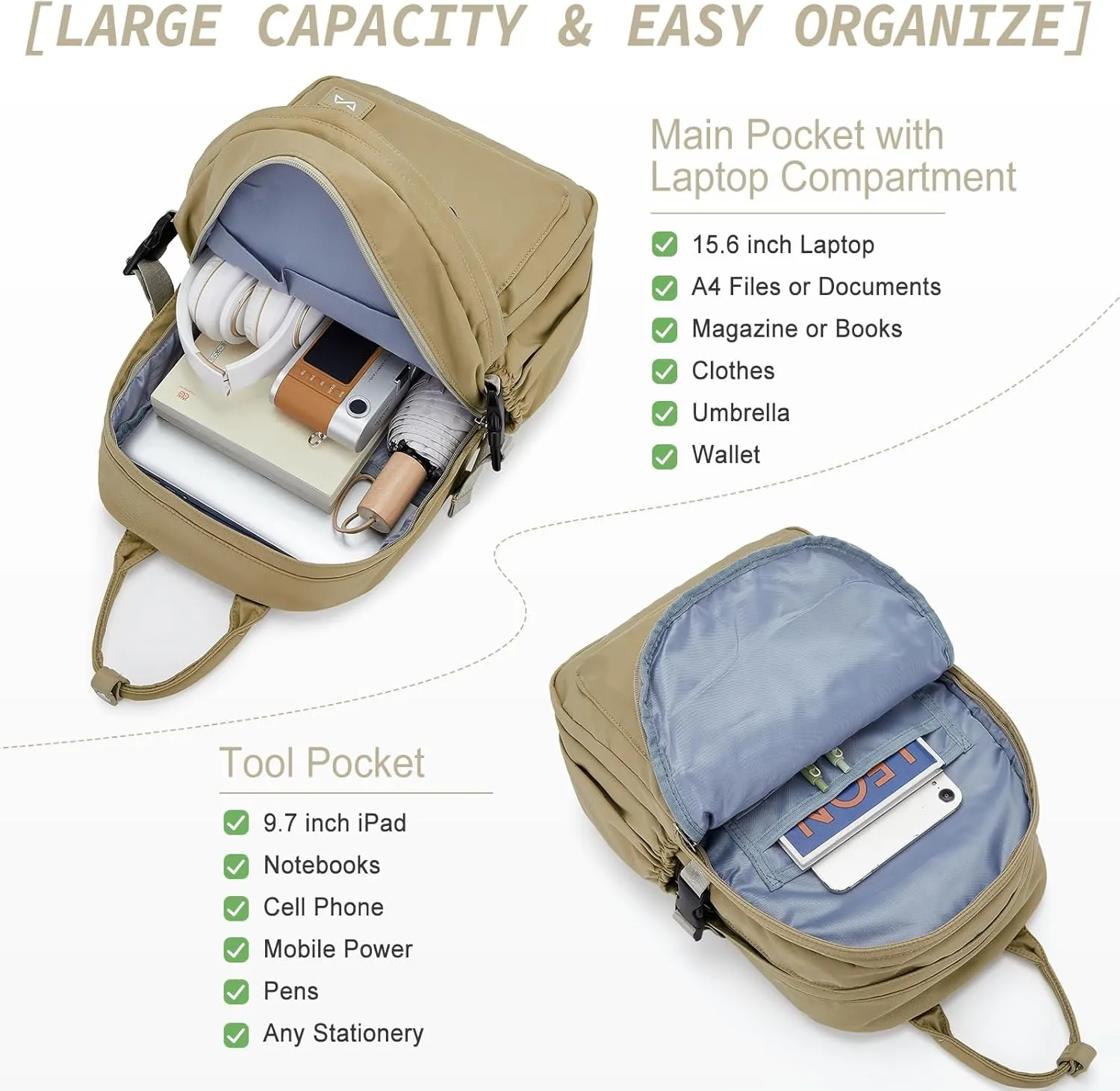 School Backpack for Girl Boys Cute Middle School Student Bookbag Waterproof College Aesthetic Backpack Work Laptop Backpack Rucksack Casual Travel Daypack Khahi