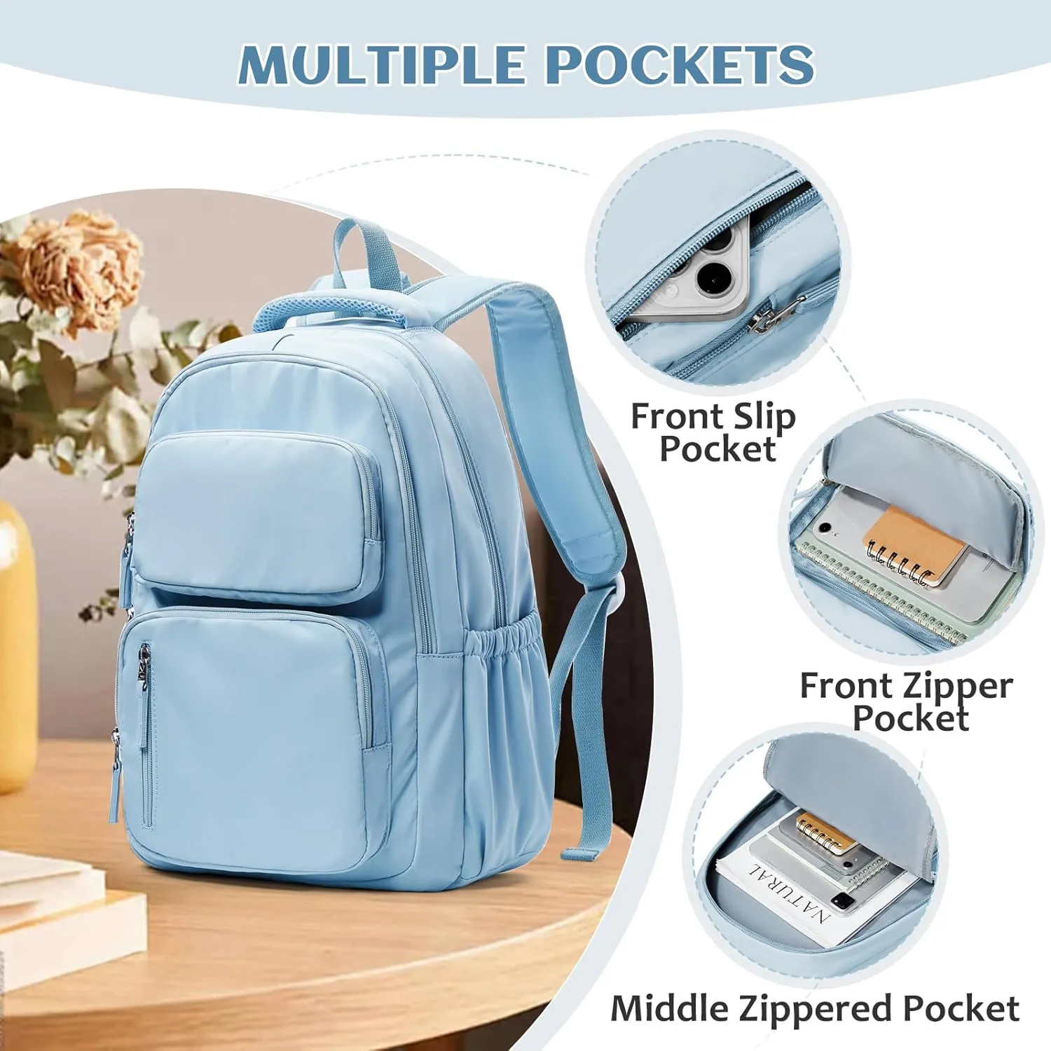 School Backpack for Teens Girls Waterproof Bookbags Multi-pocket Middle School Backpacks for Boys Aesthetic School Bag College Laptop Backpack for Women Casual Daypacks Light Blue