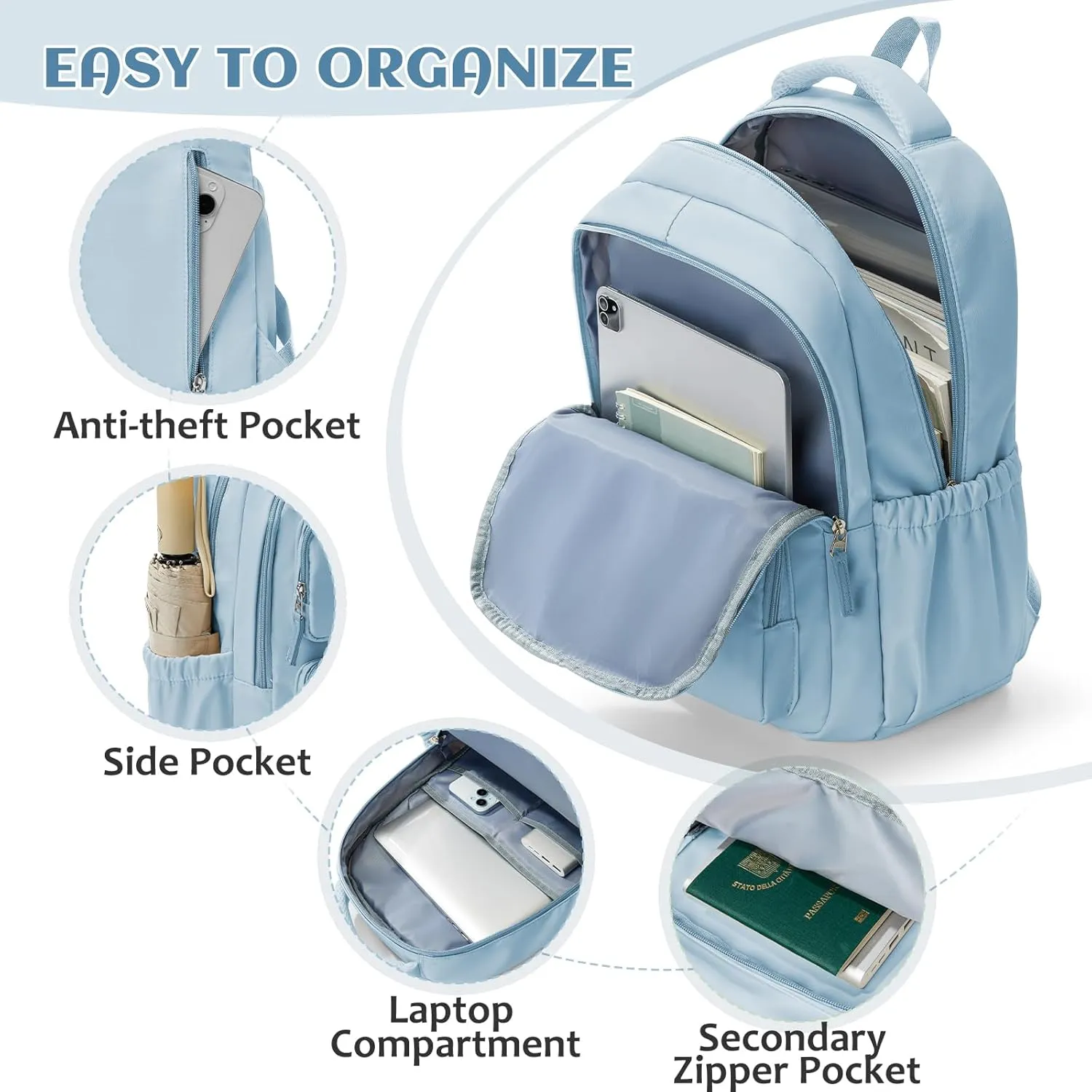 School Backpack for Teens Girls Waterproof Bookbags Multi-pocket Middle School Backpacks for Boys Aesthetic School Bag College Laptop Backpack for Women Casual Daypacks Light Blue