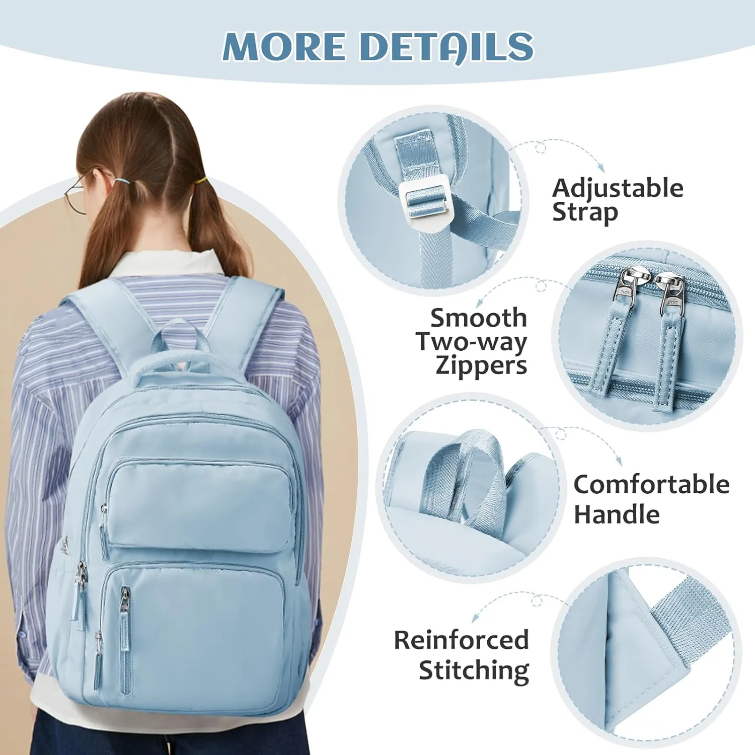 School Backpack for Teens Girls Waterproof Bookbags Multi-pocket Middle School Backpacks for Boys Aesthetic School Bag College Laptop Backpack for Women Casual Daypacks Light Blue