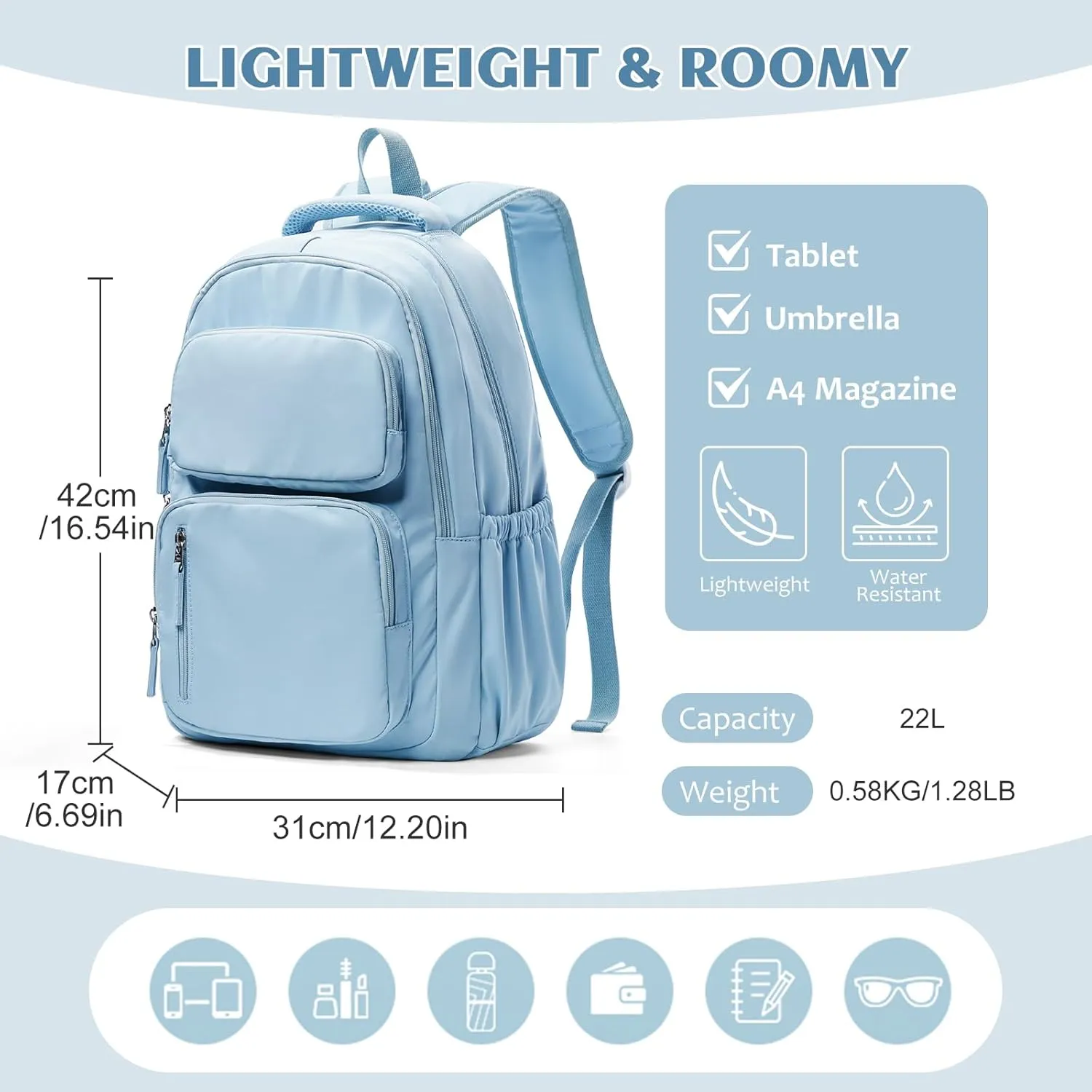 School Backpack for Teens Girls Waterproof Bookbags Multi-pocket Middle School Backpacks for Boys Aesthetic School Bag College Laptop Backpack for Women Casual Daypacks Light Blue