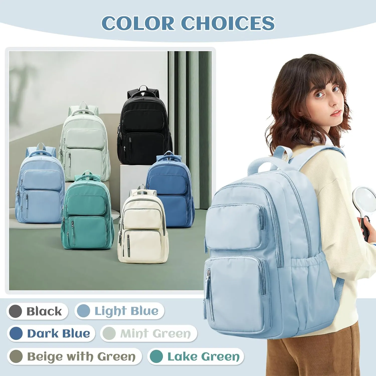 School Backpack for Teens Girls Waterproof Bookbags Multi-pocket Middle School Backpacks for Boys Aesthetic School Bag College Laptop Backpack for Women Casual Daypacks Light Blue