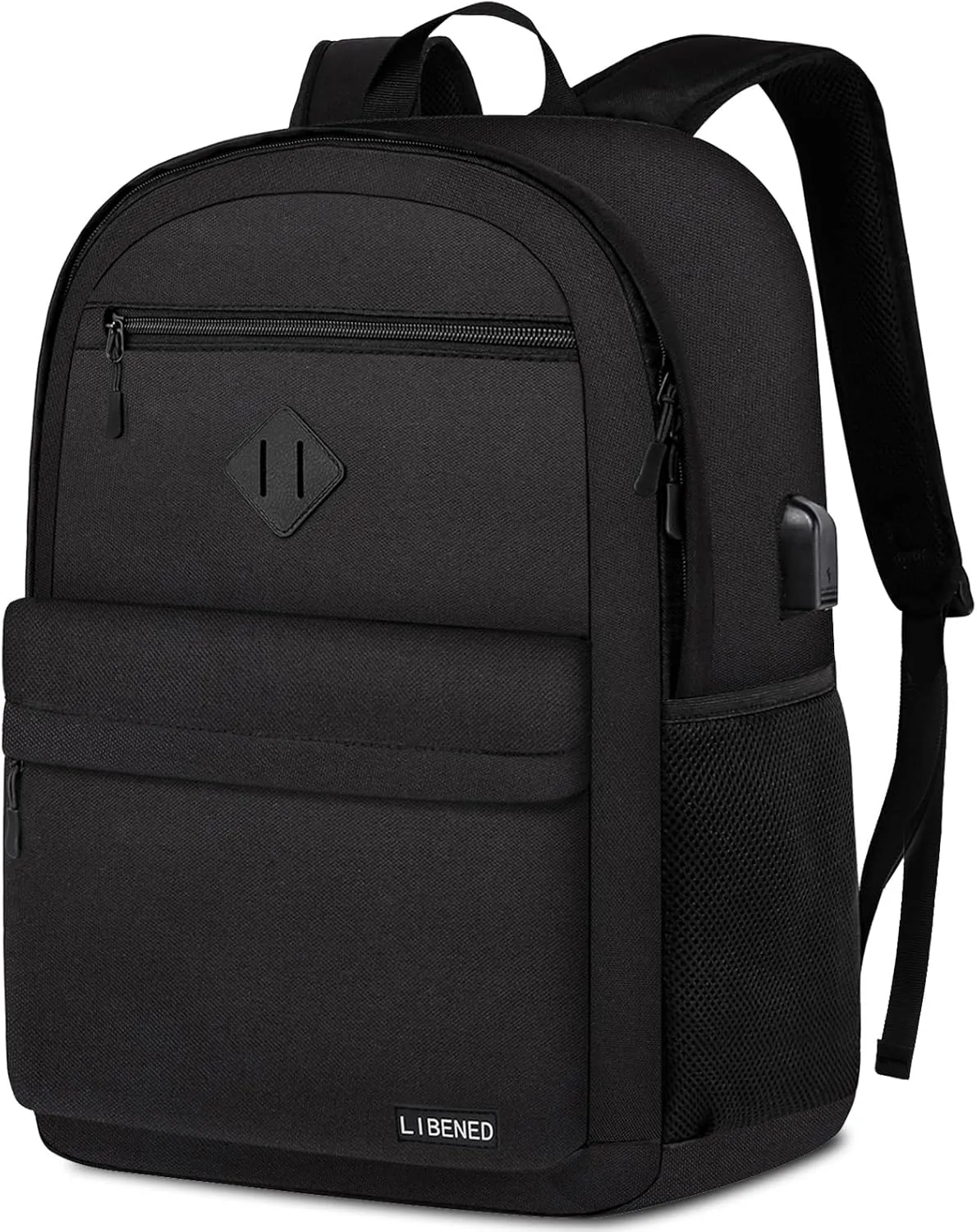 School Backpack Teen Boys and Girls, Classical Basic Black Backpack, 15.6 Inch Laptop Bookbag with USB Charger for Women Men, and College High School
