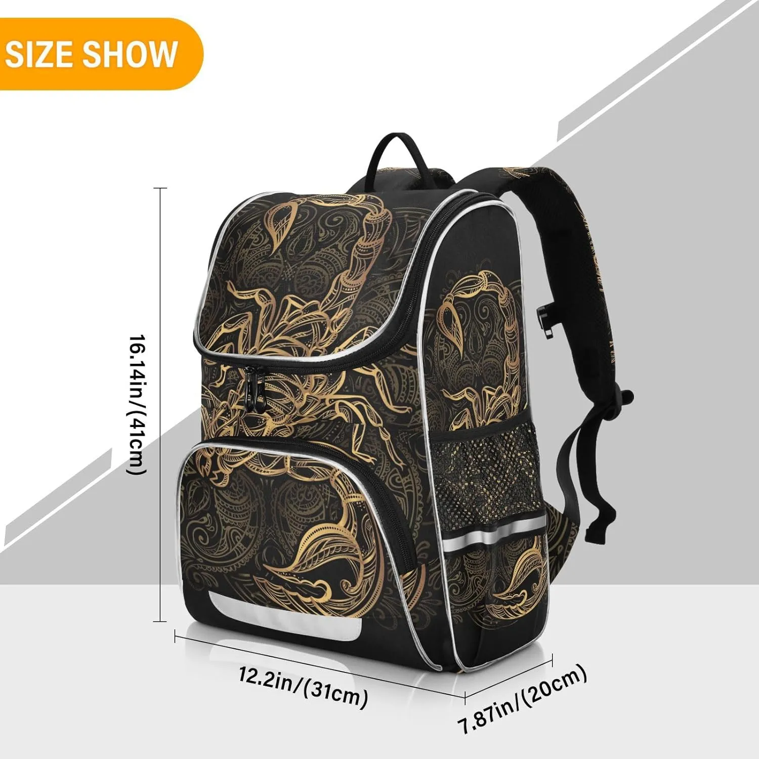 School Backpack with Chest Strap, Golden Scorpion Laptop Backpack, Travel Hiking Backpack for Boys Girls, Rucksack, Knapsack
