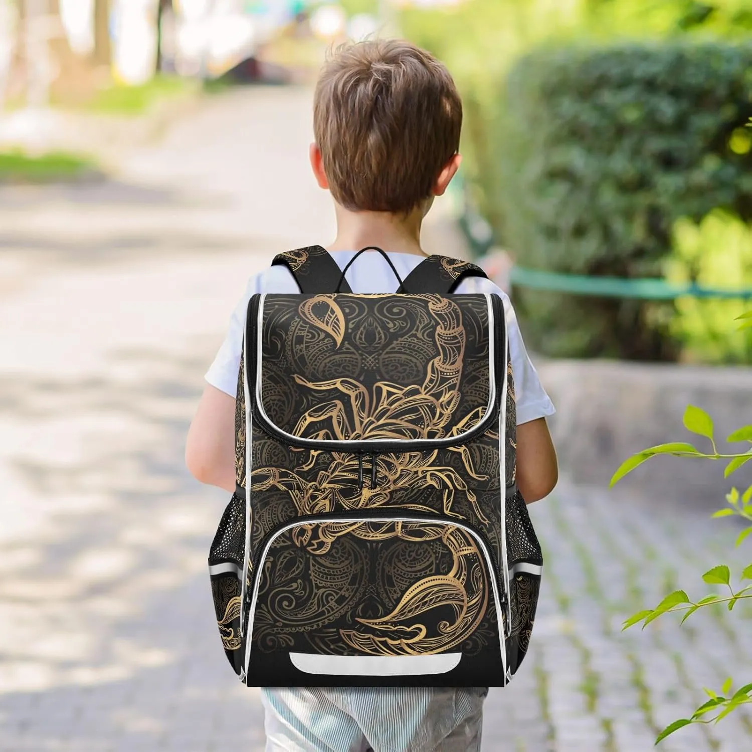 School Backpack with Chest Strap, Golden Scorpion Laptop Backpack, Travel Hiking Backpack for Boys Girls, Rucksack, Knapsack