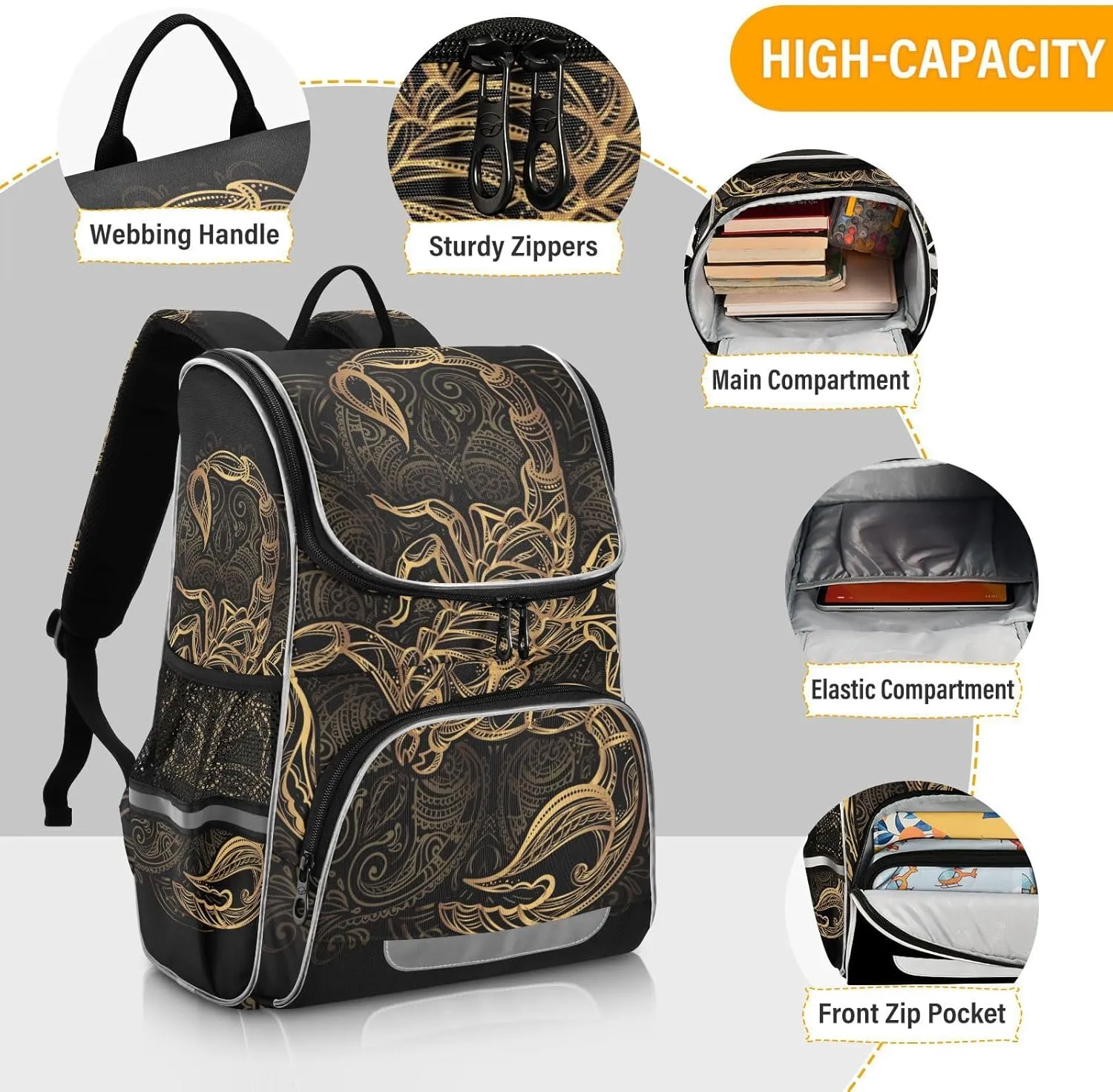 School Backpack with Chest Strap, Golden Scorpion Laptop Backpack, Travel Hiking Backpack for Boys Girls, Rucksack, Knapsack