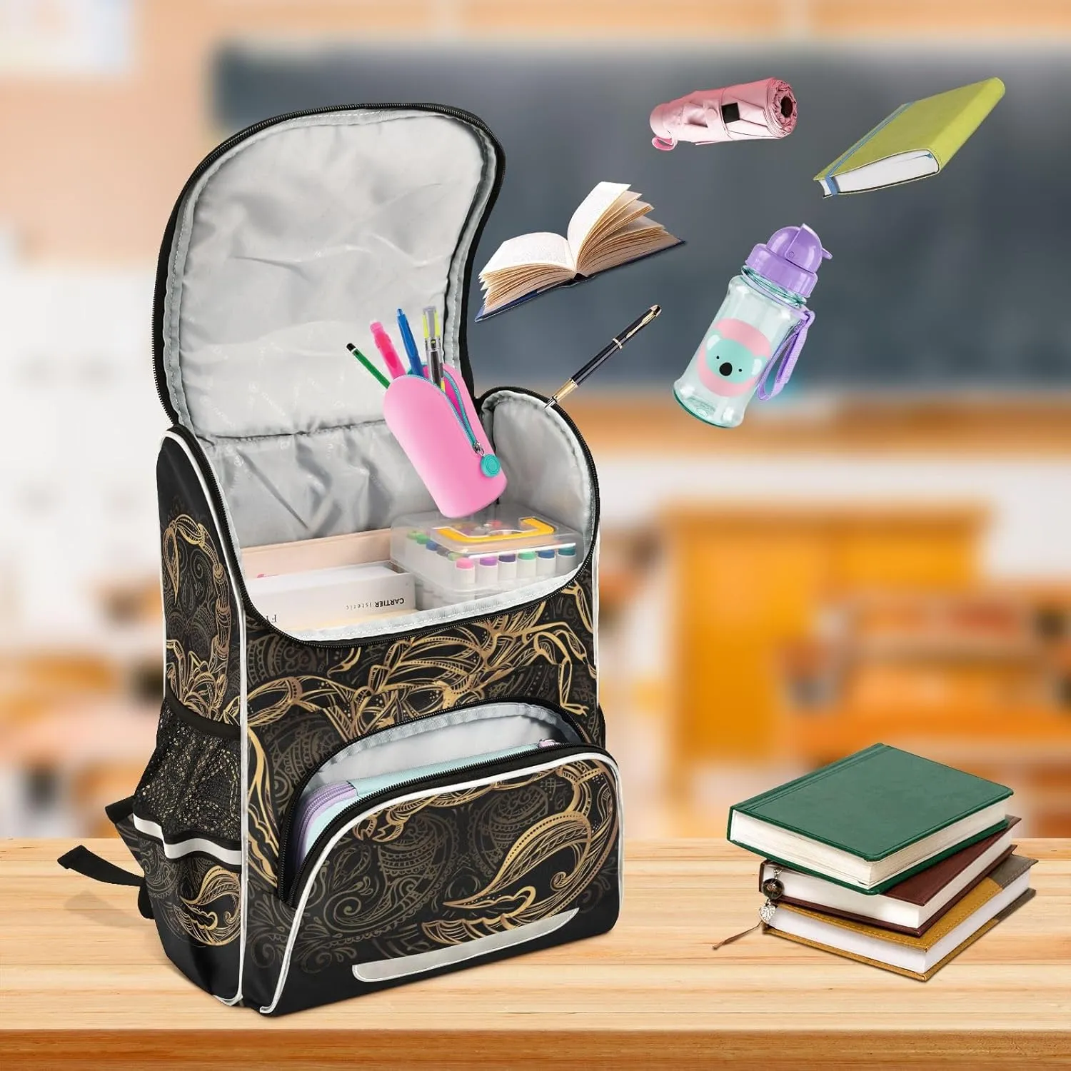 School Backpack with Chest Strap, Golden Scorpion Laptop Backpack, Travel Hiking Backpack for Boys Girls, Rucksack, Knapsack