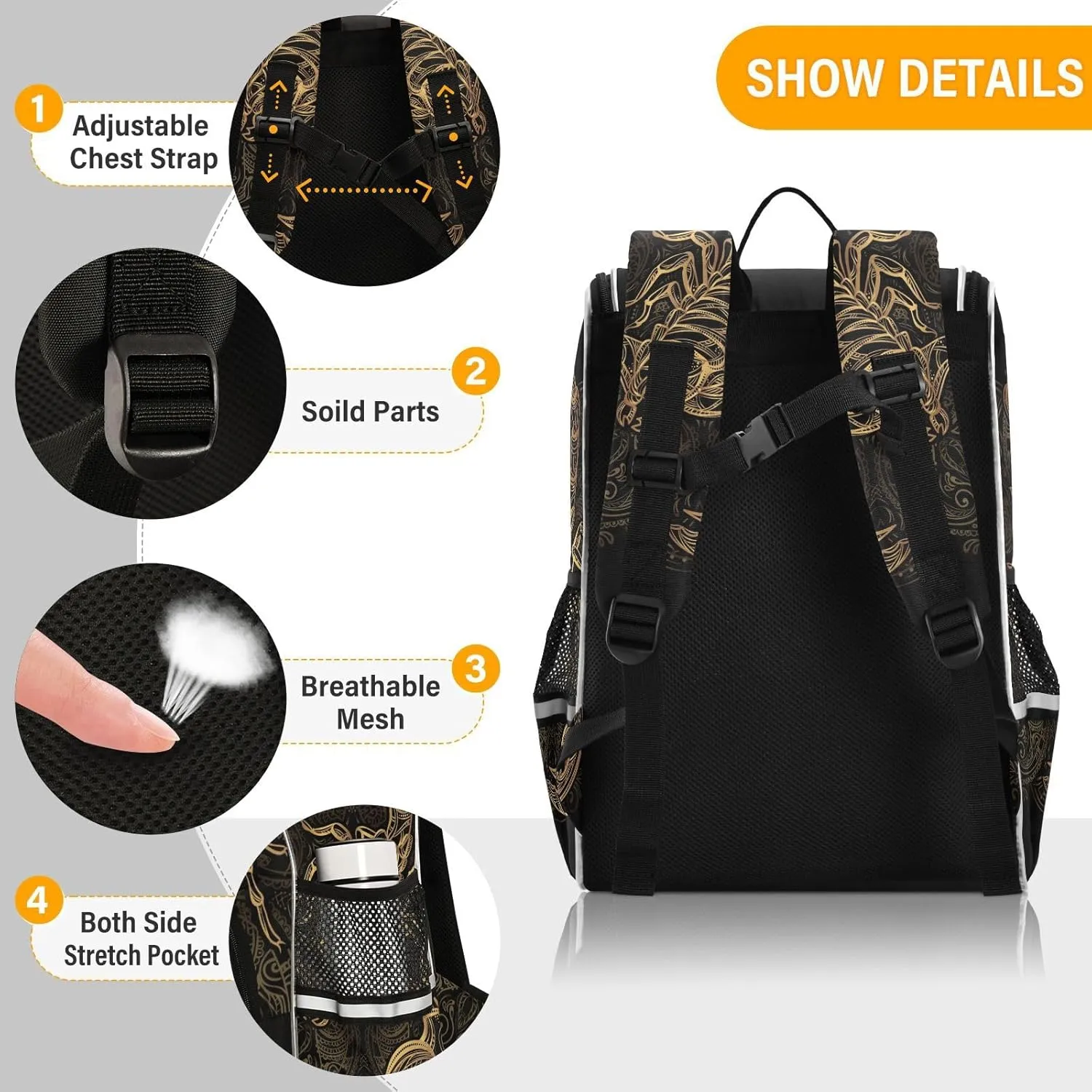 School Backpack with Chest Strap, Golden Scorpion Laptop Backpack, Travel Hiking Backpack for Boys Girls, Rucksack, Knapsack