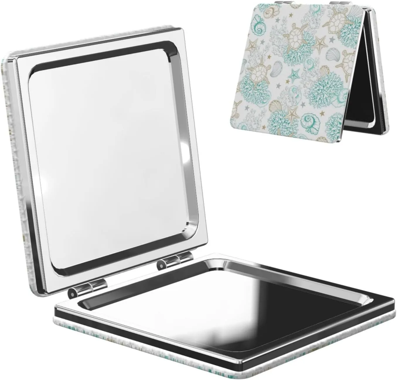Sea Turtle Coral Shell and Starfish Small Makeup Mirror Portable Travel Cosmetic Mirror Folding Small Pocket Mirror