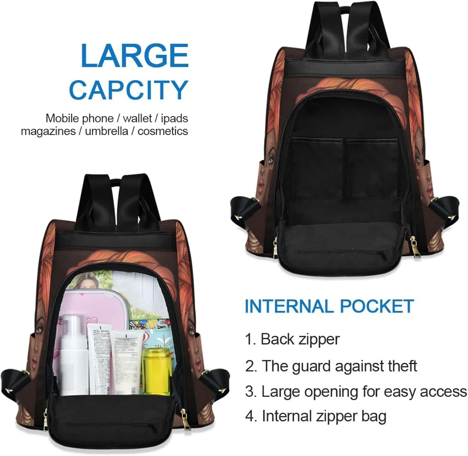 senya Fashion Backpack Purse for Women, African American Woman Black Backpack Shoulder Bag for Women