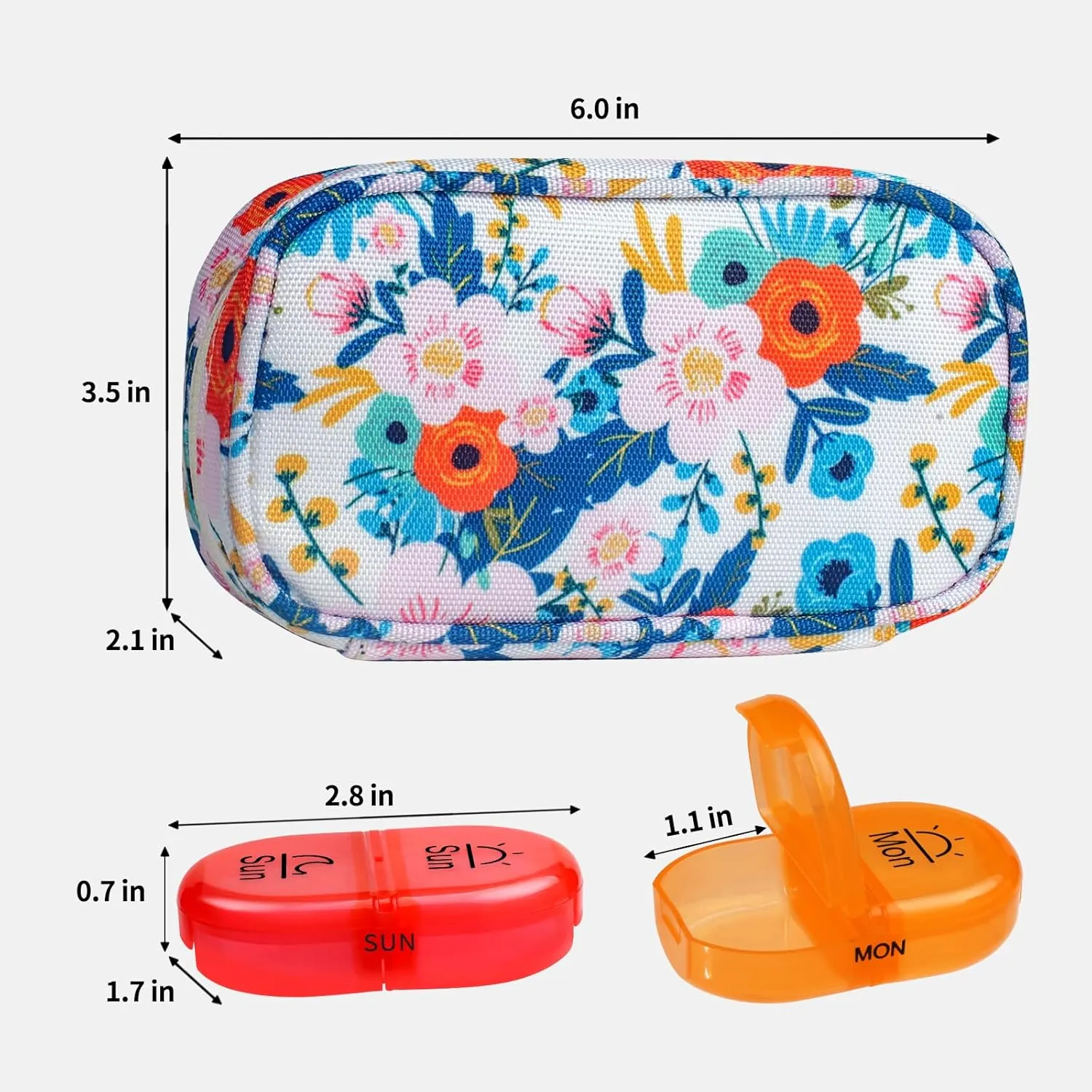 Serfeymi Weekly Travel Pill Organizer 2 Times A Day AM PM Rainbow Pill Box 7 Day with Zipper Canvas Pill Case, Medicine Organizer for Pills, Vitamins, Fish Oils - Black 02   Bloom 01