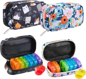 Serfeymi Weekly Travel Pill Organizer 2 Times A Day AM PM Rainbow Pill Box 7 Day with Zipper Canvas Pill Case, Medicine Organizer for Pills, Vitamins, Fish Oils - Black 02   Bloom 01