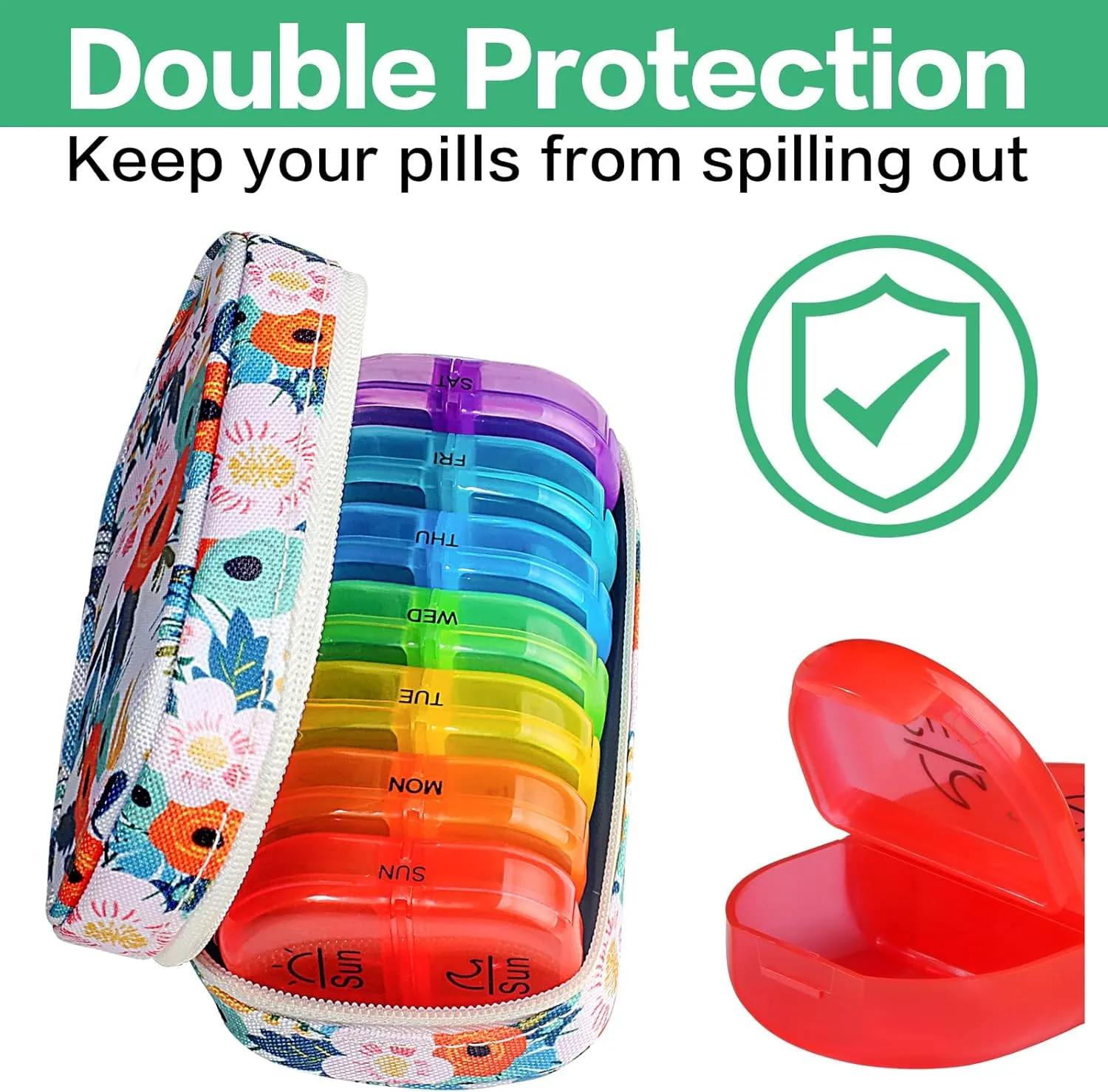 Serfeymi Weekly Travel Pill Organizer 2 Times A Day AM PM Rainbow Pill Box 7 Day with Zipper Canvas Pill Case, Medicine Organizer for Pills, Vitamins, Fish Oils - Black 02   Bloom 01
