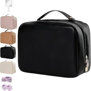 Setpatient Multi-Compartment Toiletry Cosmetics Bag, PU Leather Large Capacity Portable Consulbefor Bag with Multiple Pockets, Makeup Travel Storage Bag for Women Girls (Black)