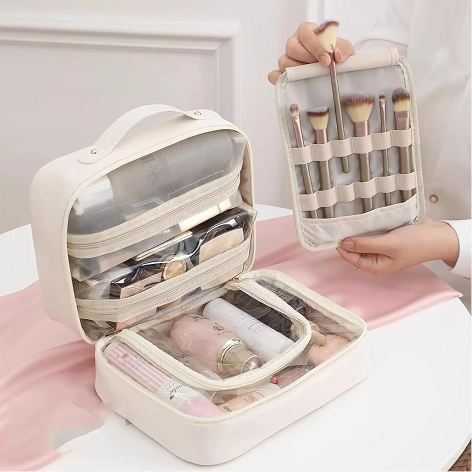 Setpatient Multi-Compartment Toiletry Cosmetics Bag, PU Leather Large Capacity Portable Consulbefor Bag with Multiple Pockets, Makeup Travel Storage Bag for Women Girls (Black)