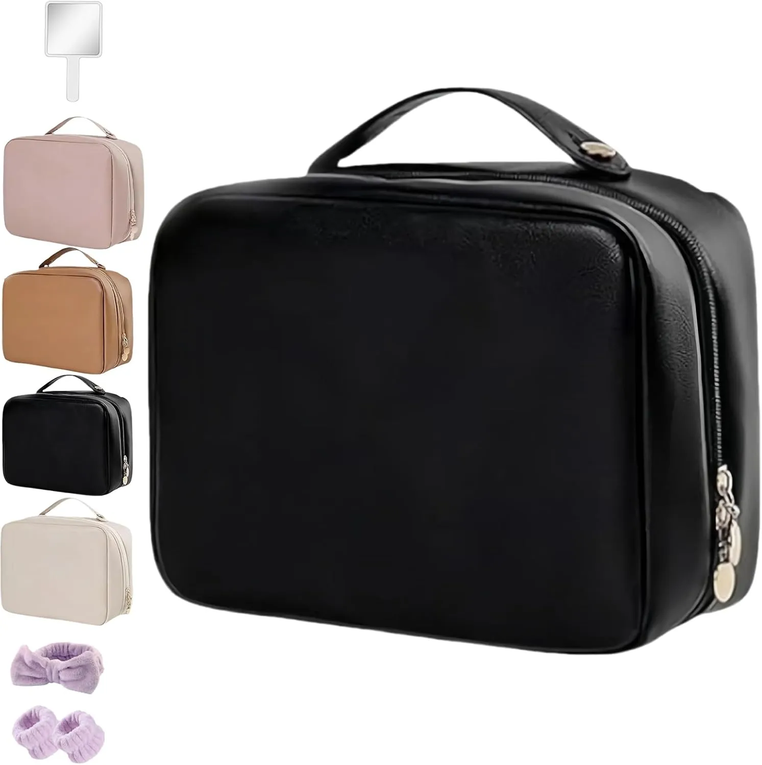 Setpatient Multi-Compartment Toiletry Cosmetics Bag, PU Leather Large Capacity Portable Consulbefor Bag with Multiple Pockets, Makeup Travel Storage Bag for Women Girls (Black)