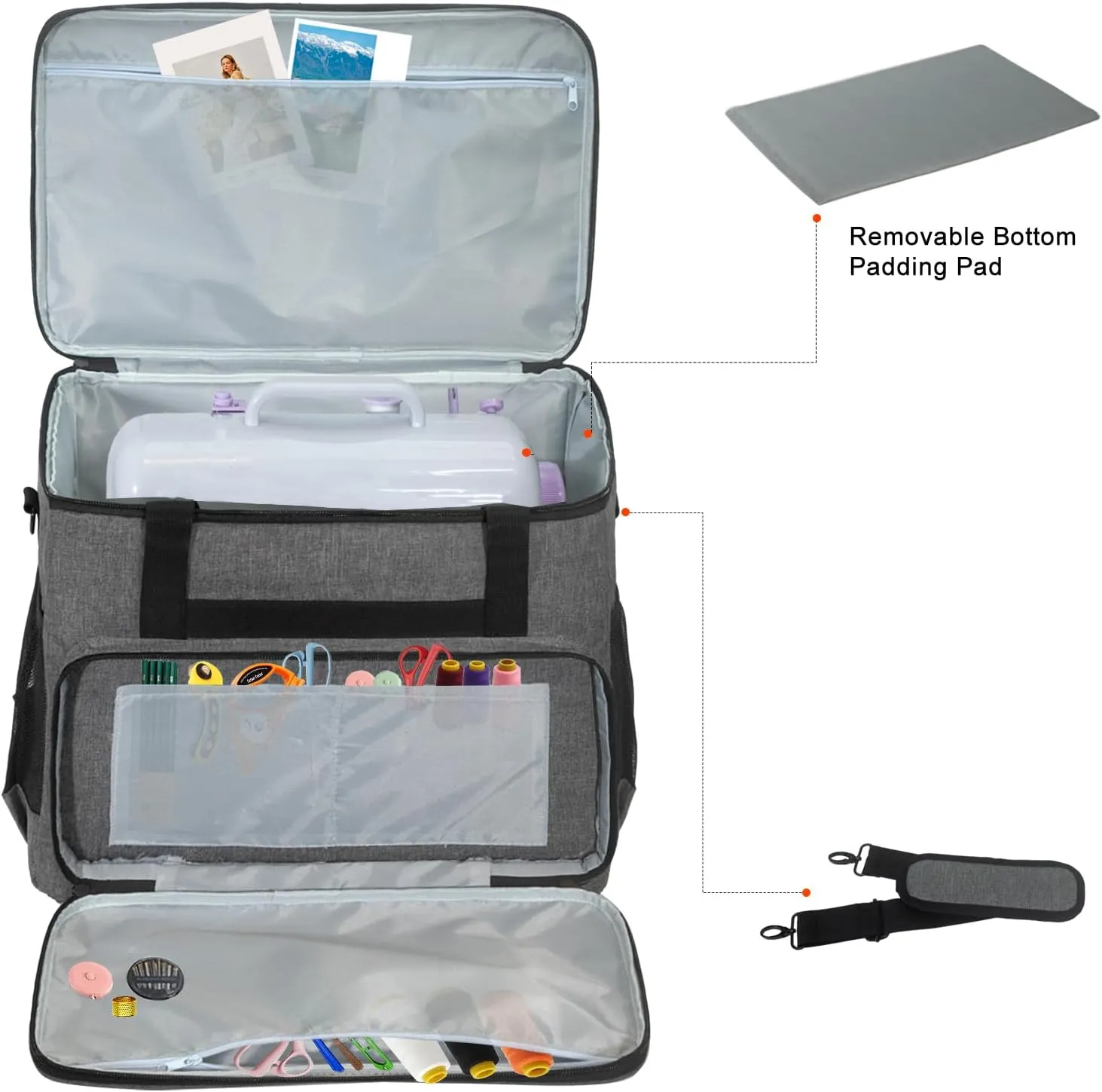 Sewing Machine Case with Detachable Shoulder Strap, Fits Most 15" Home & Industrial Machines, Water-Resistant Nylon (GREY)