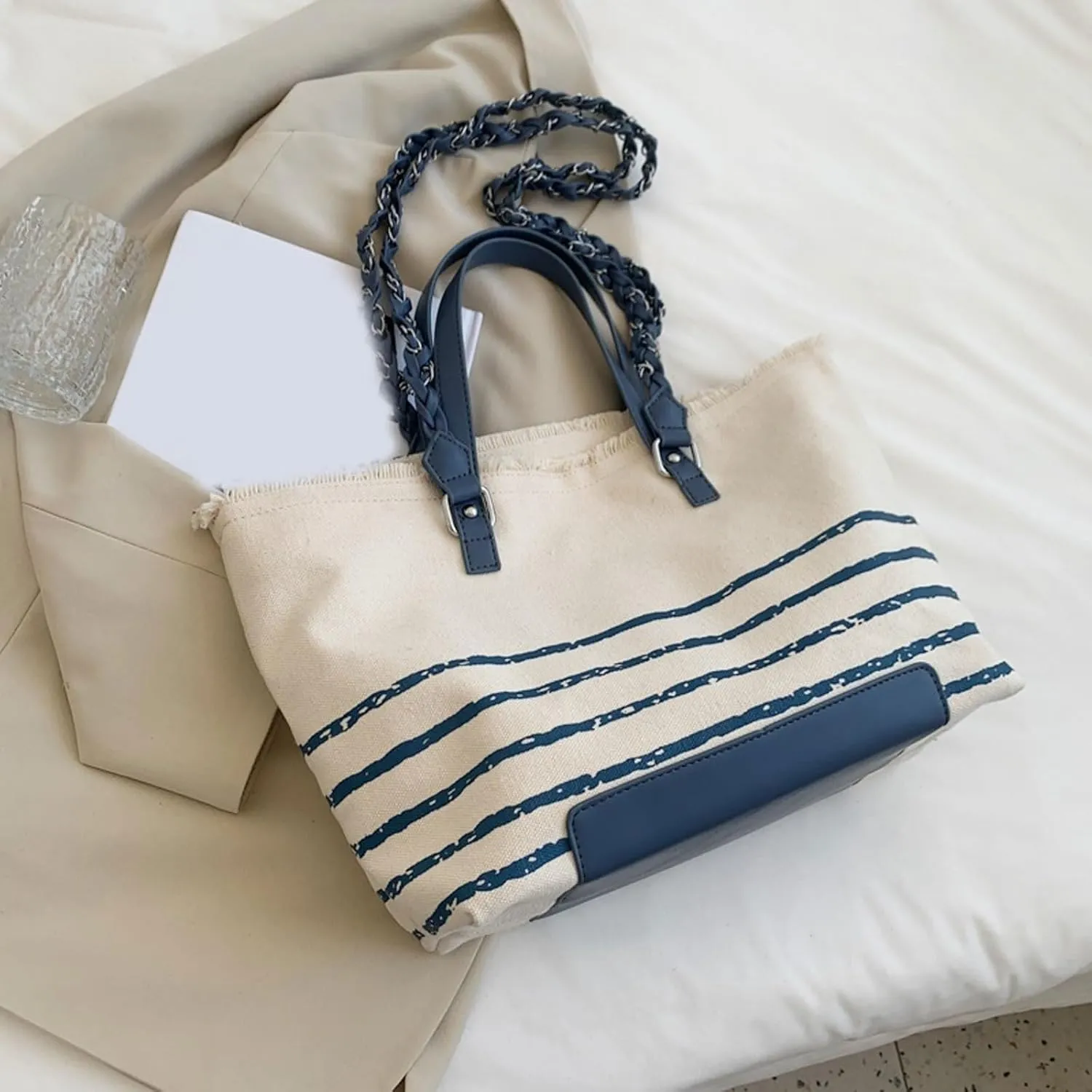 Shoulder Bag Stripe High Capacity Canvas Shoulder Handbag for Women Stylish and Spacious Shopping Tote(Blue)