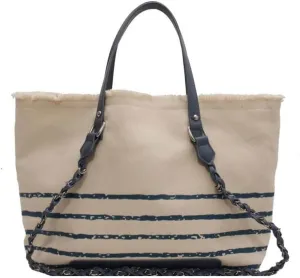 Shoulder Bag Stripe High Capacity Canvas Shoulder Handbag for Women Stylish and Spacious Shopping Tote(Blue)
