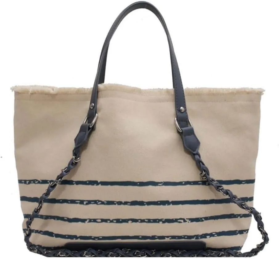 Shoulder Bag Stripe High Capacity Canvas Shoulder Handbag for Women Stylish and Spacious Shopping Tote(Blue)