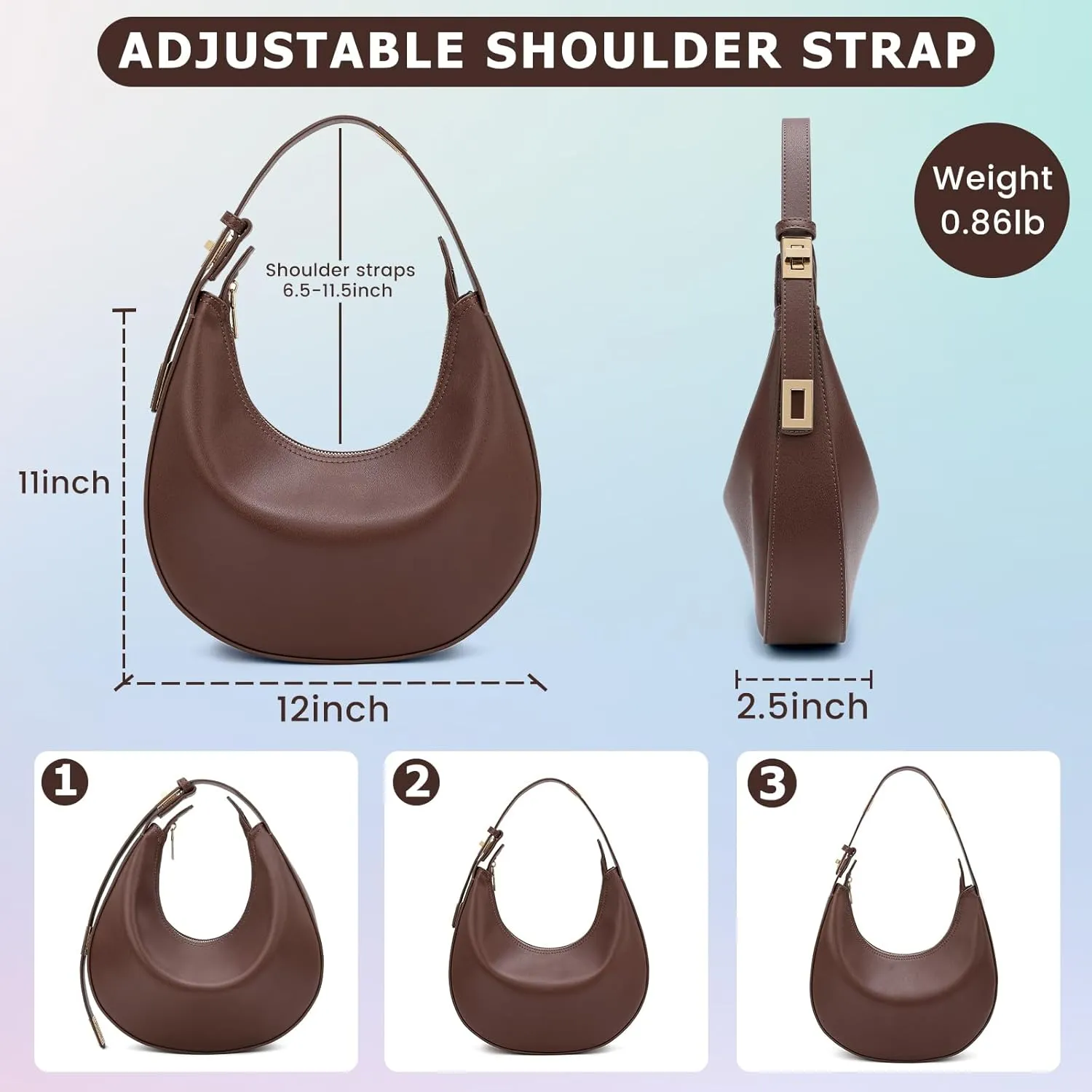 Shoulder Handbags 3 Ways Adjust Strap Shoulder Bag for Women Waterproof Leather Zip Closure Clutche Purses Hobo Bags
