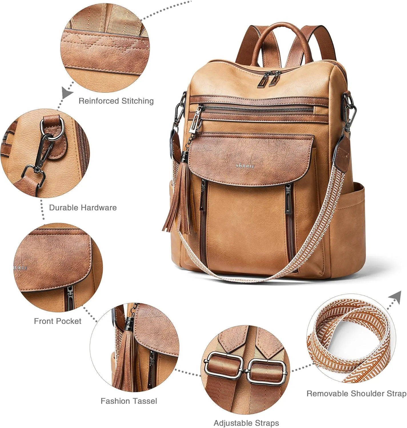 Shrrie Backpack Purse for Women Fashion Leather Backpack Purse Designer Travel Backpack Convertible Shoulder Bag with Wristlet