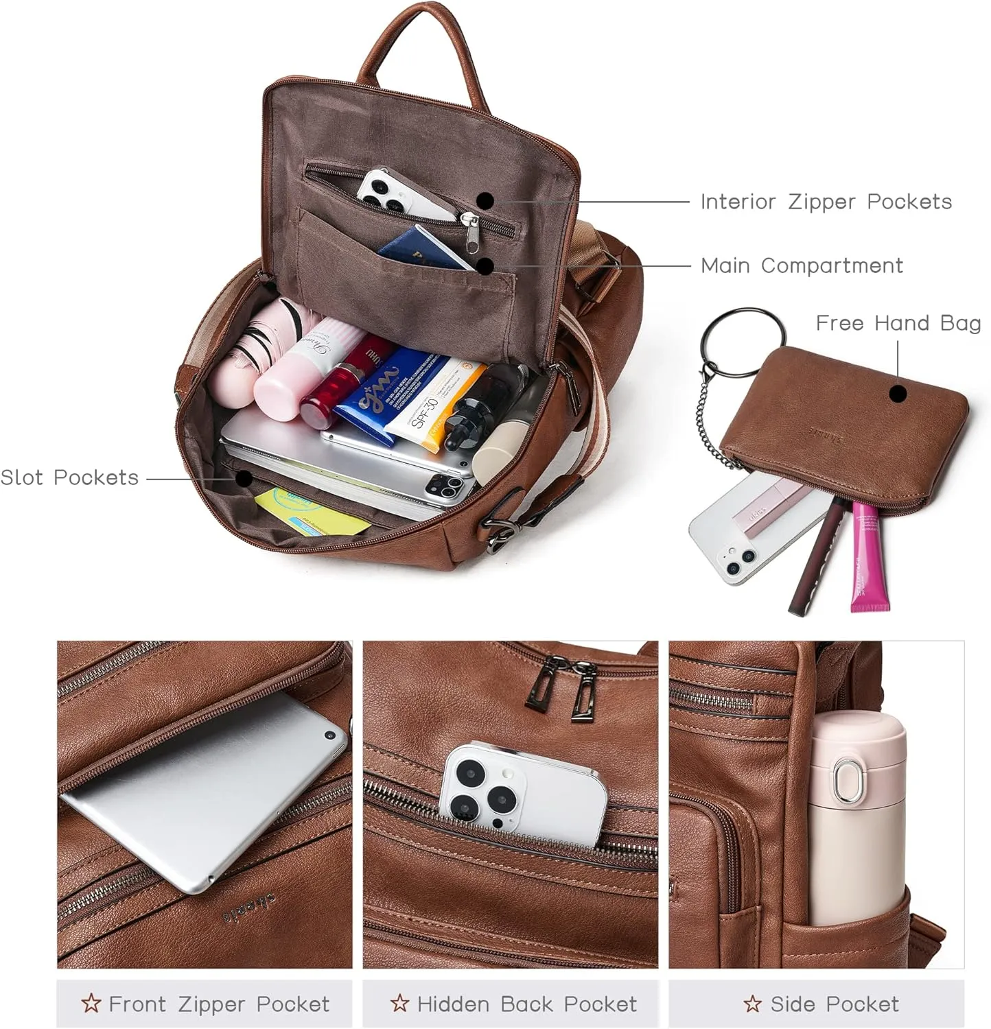 Shrrie Backpack Purse for Women Leather Backpack Fashion Designer Travel Backpack Convertible Shoulder Bag