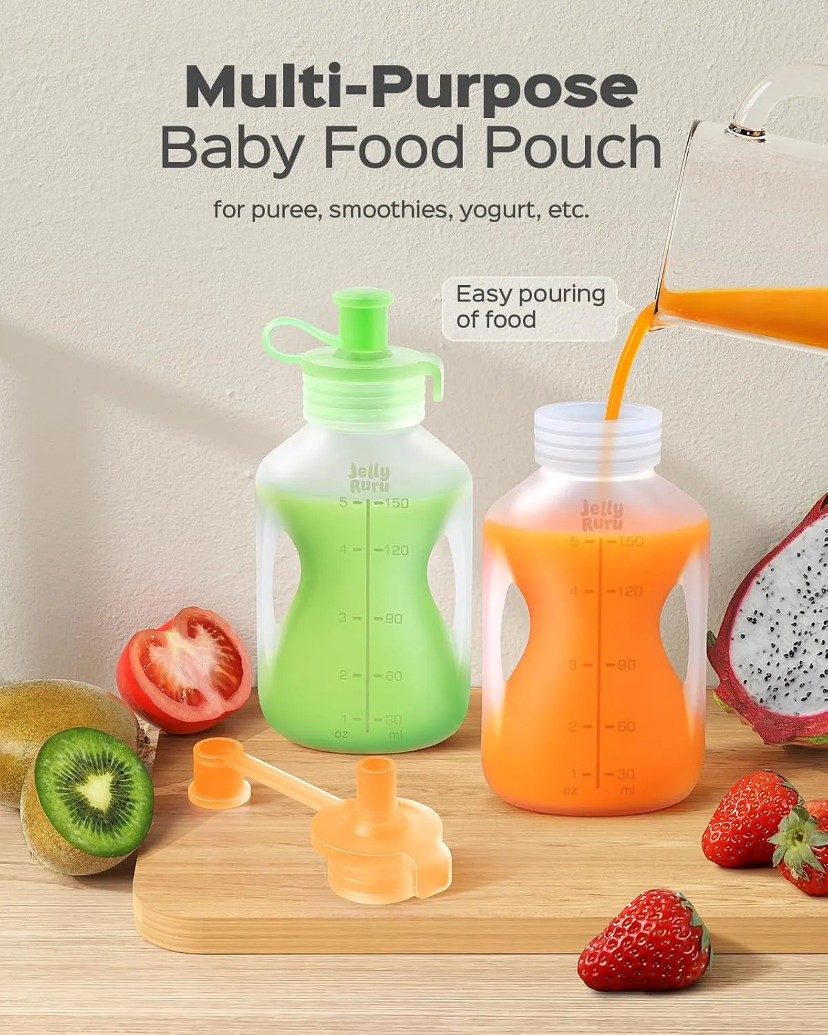 Silicone Reusable Baby Food Pouches with Straws, Leakproof Refillable Squeeze Pouches, Dishwasher, Freezer, Microwave Safe, Baby Food Storage for Homemade Puree, Yogurt