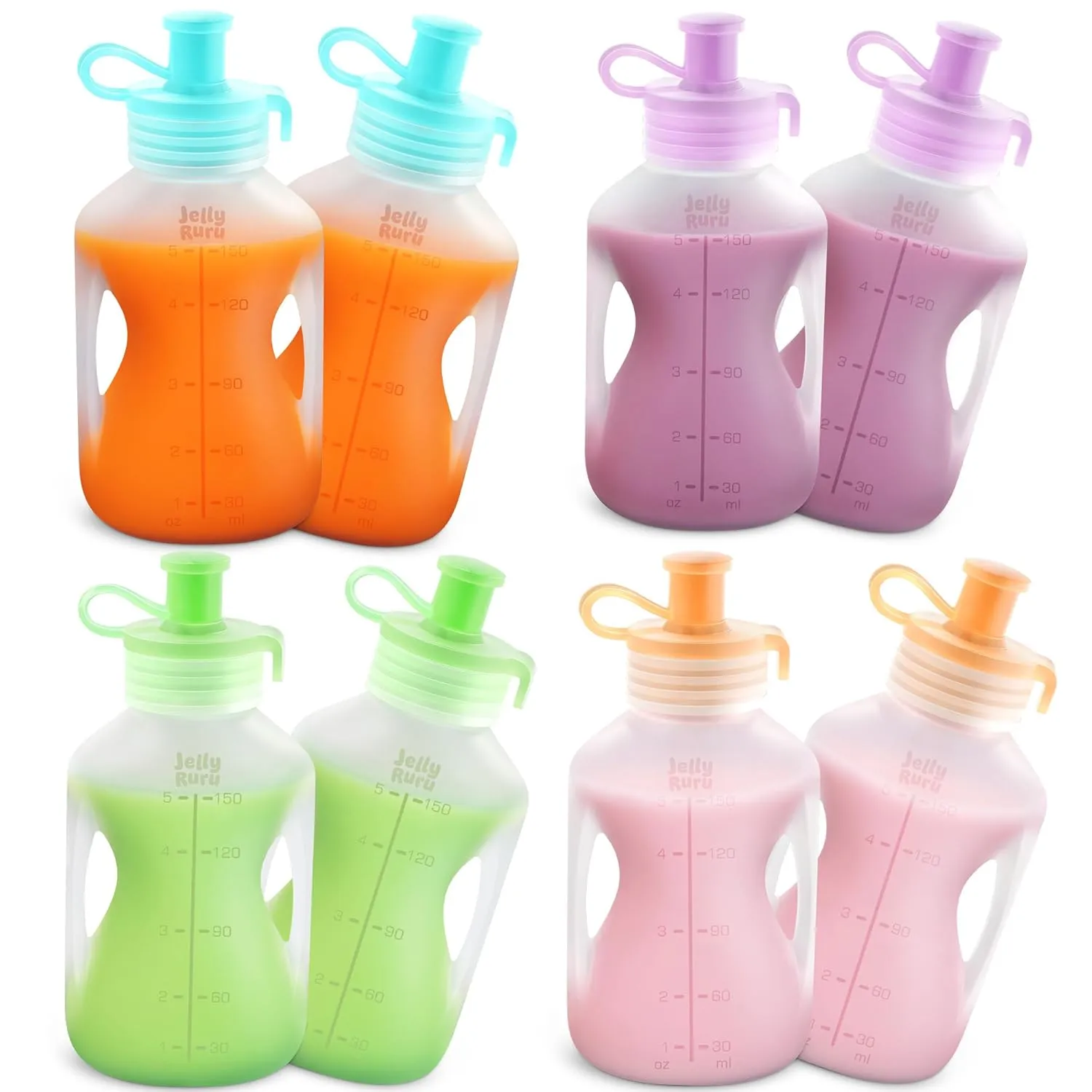 Silicone Reusable Baby Food Pouches with Straws, Leakproof Refillable Squeeze Pouches, Dishwasher, Freezer, Microwave Safe, Baby Food Storage for Homemade Puree, Yogurt