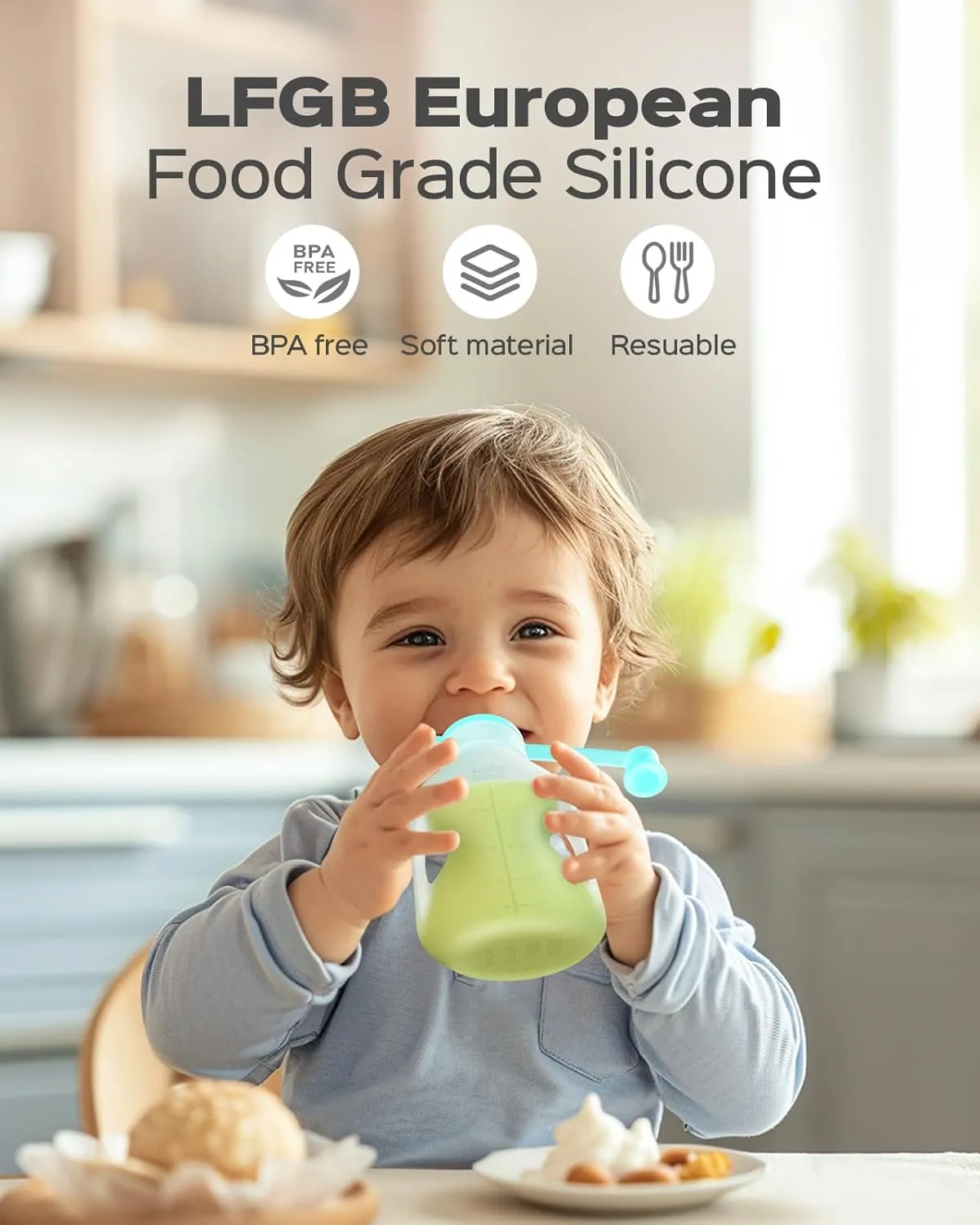 Silicone Reusable Baby Food Pouches with Straws, Leakproof Refillable Squeeze Pouches, Dishwasher, Freezer, Microwave Safe, Baby Food Storage for Homemade Puree, Yogurt