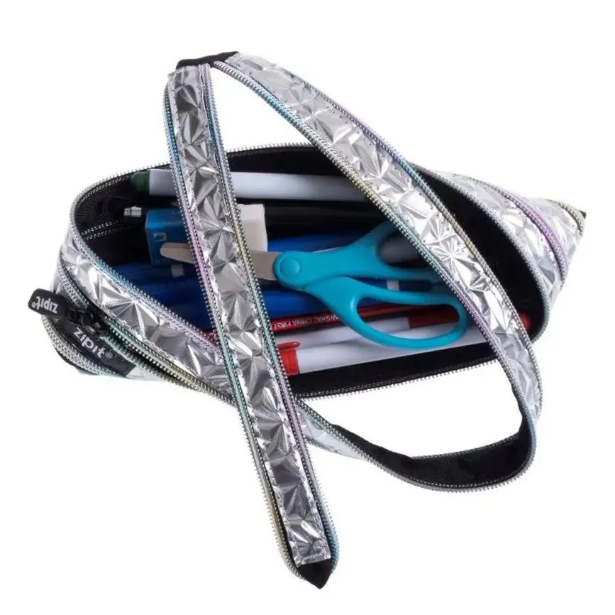 Silver Metallic Zipper Pencil Case