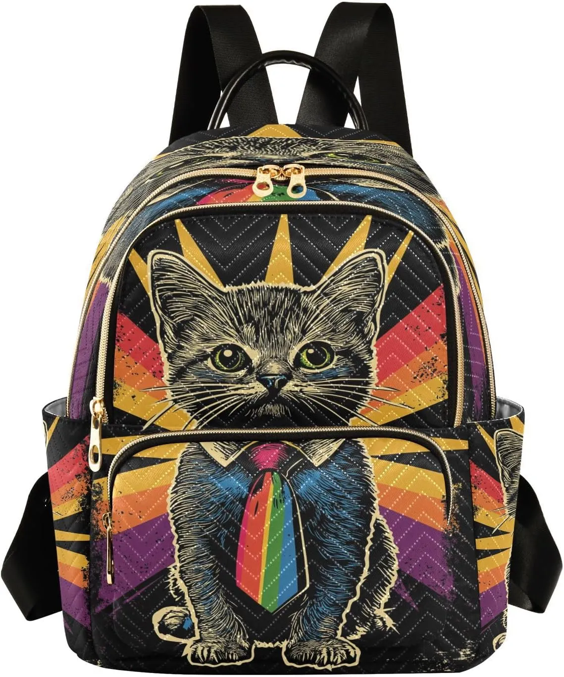 Sinestour Kitten Rainbow Ray Black Women Backpack Purse Large Capacity Casual Daypack Leather Handle Ladies Travel Work Backpack