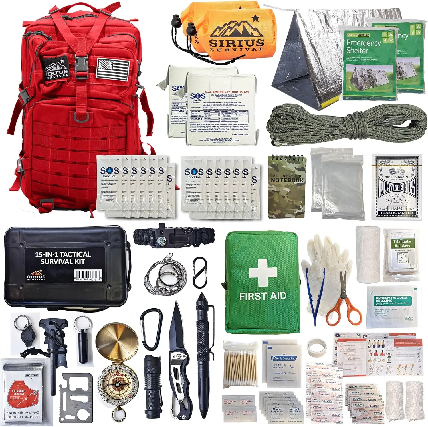 Sirius: Bug Out Bag Starter Kit - 72 Hour Kit for 1 Person – Backpack Survival Kit – 50L Tactical Backpack, US Made Food & Water, Medical Supplies & Survival Tools
