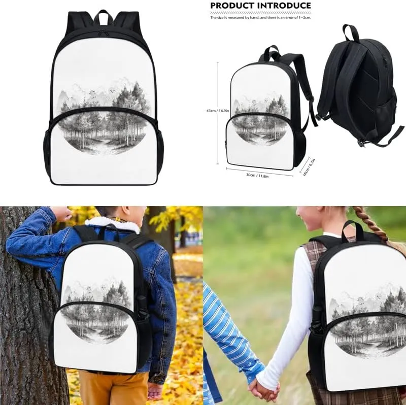 Sketch Forest 17in School Backpack 3 Set Black White Tree Hand Drawn Painting Bottle Holder Bookbags School Bag Sketch Pencil Case & Lunch Bag Travel Picnic