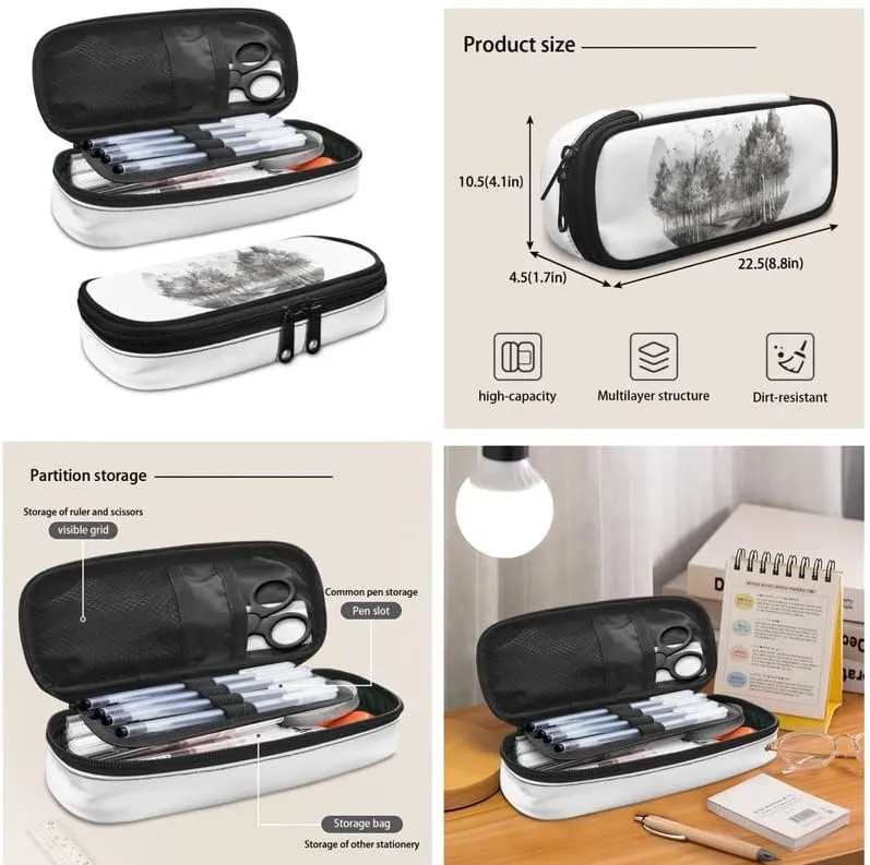Sketch Forest 17in School Backpack 3 Set Black White Tree Hand Drawn Painting Bottle Holder Bookbags School Bag Sketch Pencil Case & Lunch Bag Travel Picnic