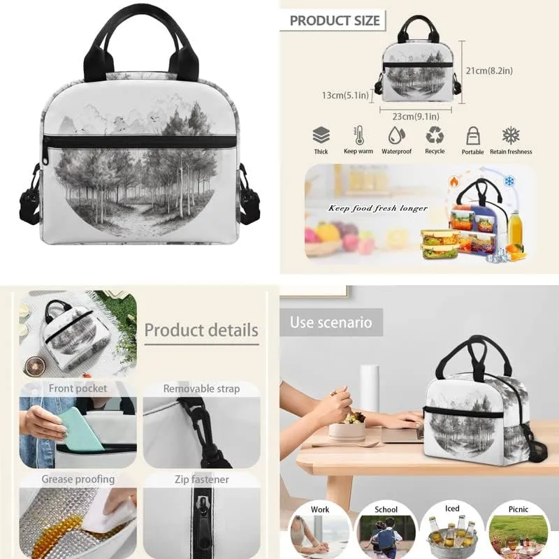 Sketch Forest 17in School Backpack 3 Set Black White Tree Hand Drawn Painting Bottle Holder Bookbags School Bag Sketch Pencil Case & Lunch Bag Travel Picnic