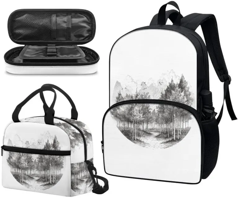 Sketch Forest 17in School Backpack 3 Set Black White Tree Hand Drawn Painting Bottle Holder Bookbags School Bag Sketch Pencil Case & Lunch Bag Travel Picnic