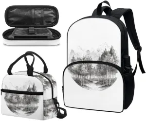 Sketch Forest 17in School Backpack 3 Set Black White Tree Hand Drawn Painting Bottle Holder Bookbags School Bag Sketch Pencil Case & Lunch Bag Travel Picnic