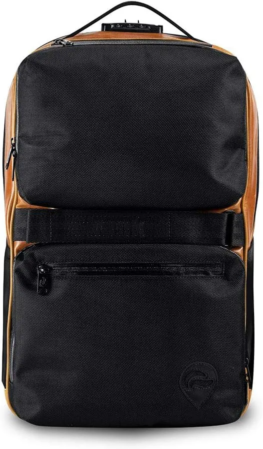 Skunk SoHo Backpack - Smell Proof - Weather Resistant - With Combination Lock (Black/Brown Leather)