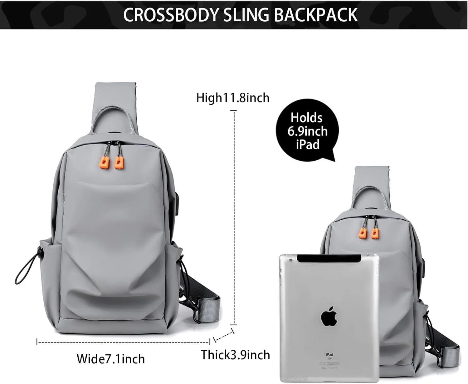 Sling Bag for Men and Women,Crossbody Backpack Shoulder Daypack with USB Lightweight Multipurpose Chest Bag for Travel Hiking (Black)