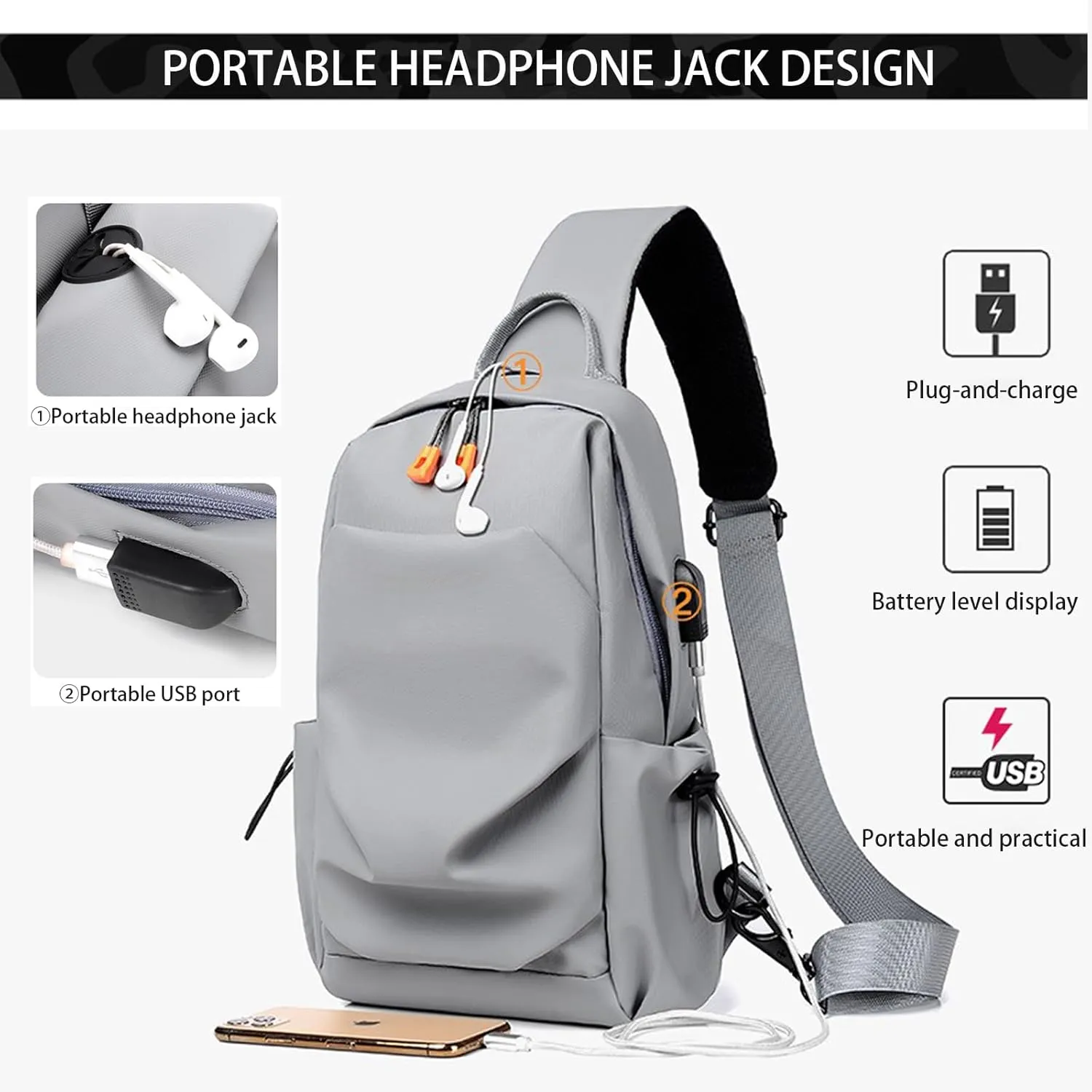 Sling Bag for Men and Women,Crossbody Backpack Shoulder Daypack with USB Lightweight Multipurpose Chest Bag for Travel Hiking (Black)
