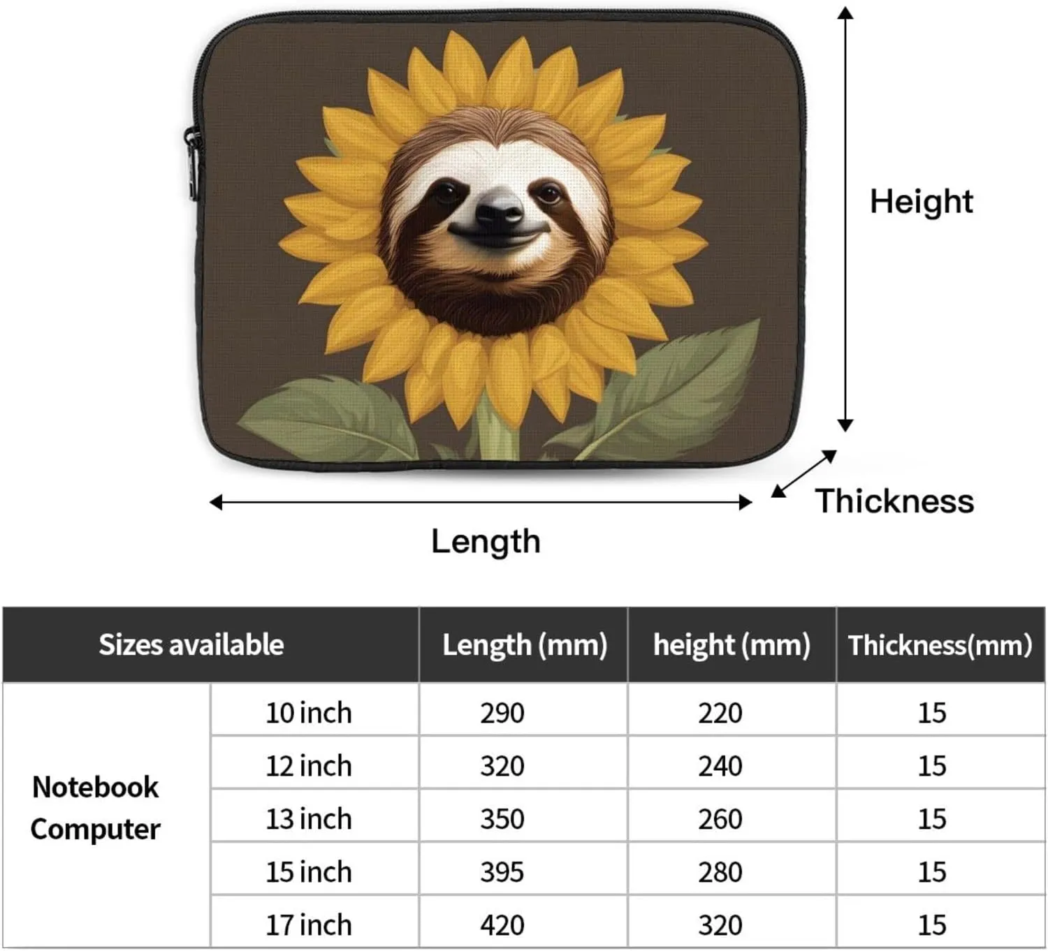 Sloth Sunflower Pattern Shockproof Portable Laptop 17 inch Sleeve Bag for Men and Women - Ideal for Business Travel, School, and Daily Use
