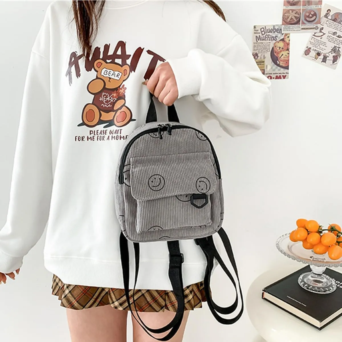 Small Backpack Purse Cute Mini Corduroy Bookbag Toddler Backpack School Bags for Women Girls Boys Teens Kids (gray)