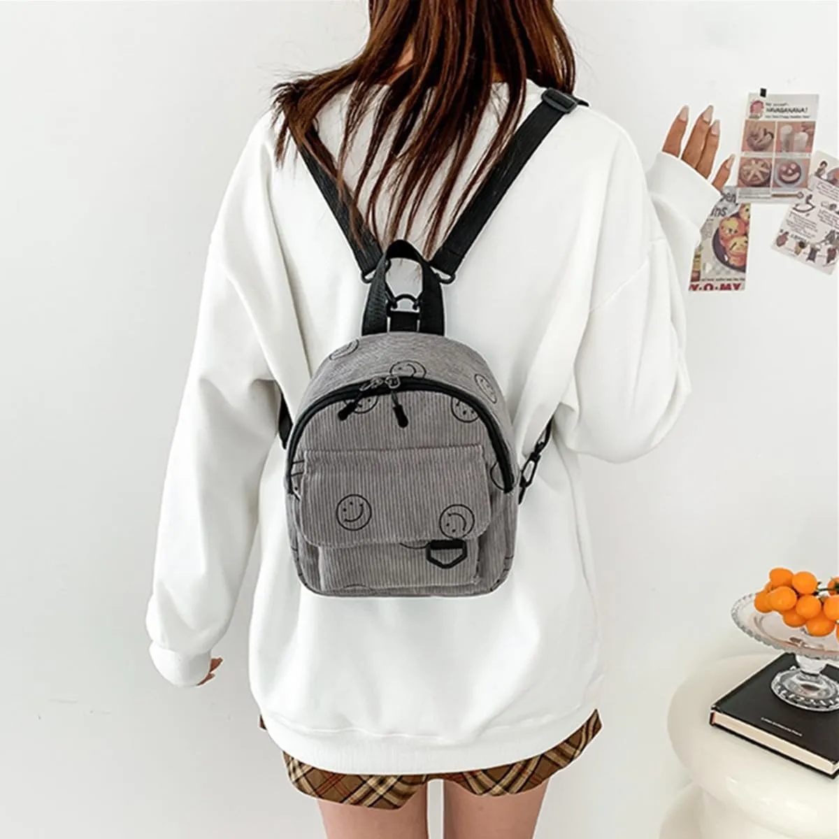 Small Backpack Purse Cute Mini Corduroy Bookbag Toddler Backpack School Bags for Women Girls Boys Teens Kids (gray)